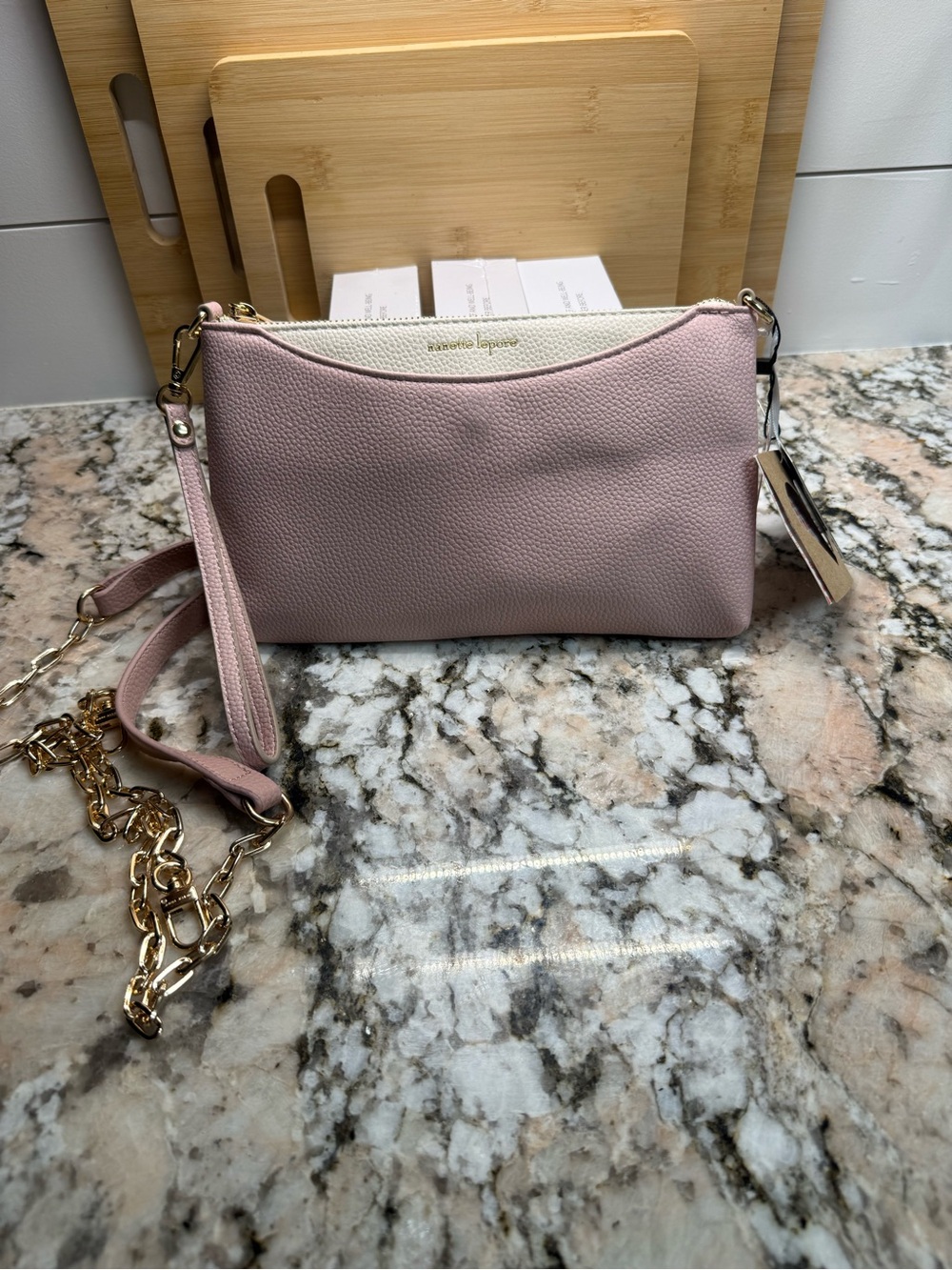 Nanette Lepore Pink and Cream Leather Wristlet with Removable Gold Cross Chain